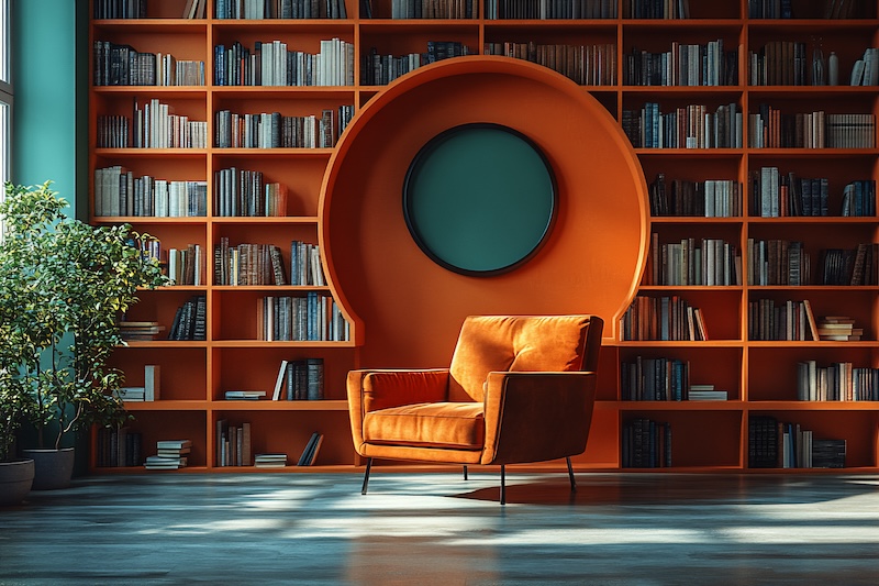Bibliotek i orange färg
